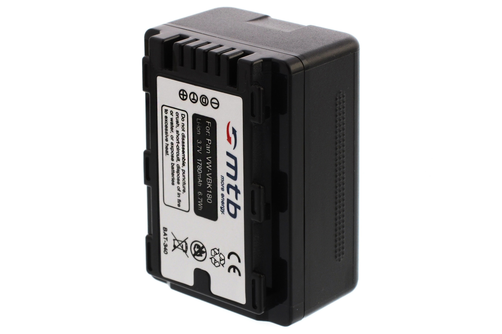 Schwarze rechteckige Batterie mit der Aufschrift 'mtb more energy' und Spezifikationen.