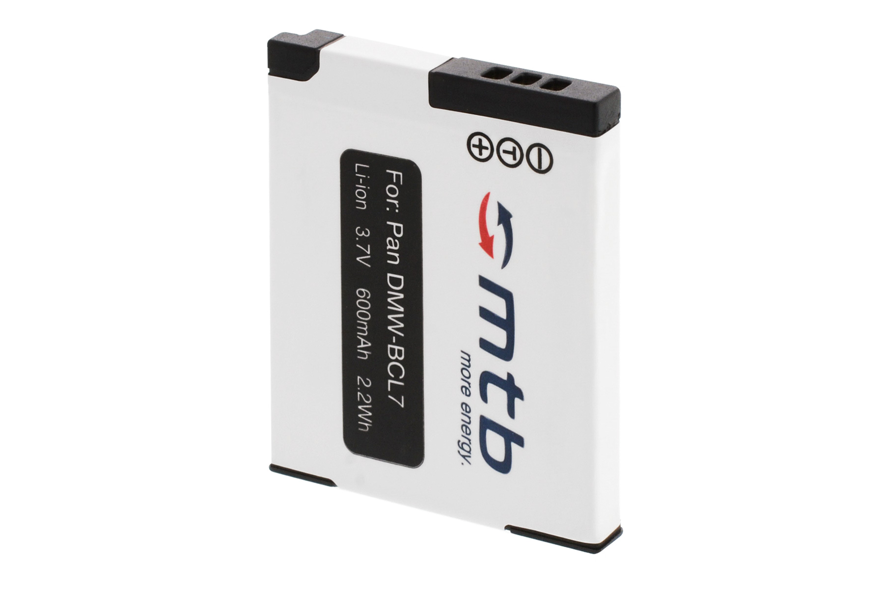Weiße Batterie mit schwarzem Text, Logo und Pfeilen. Sie ist rechteckig.