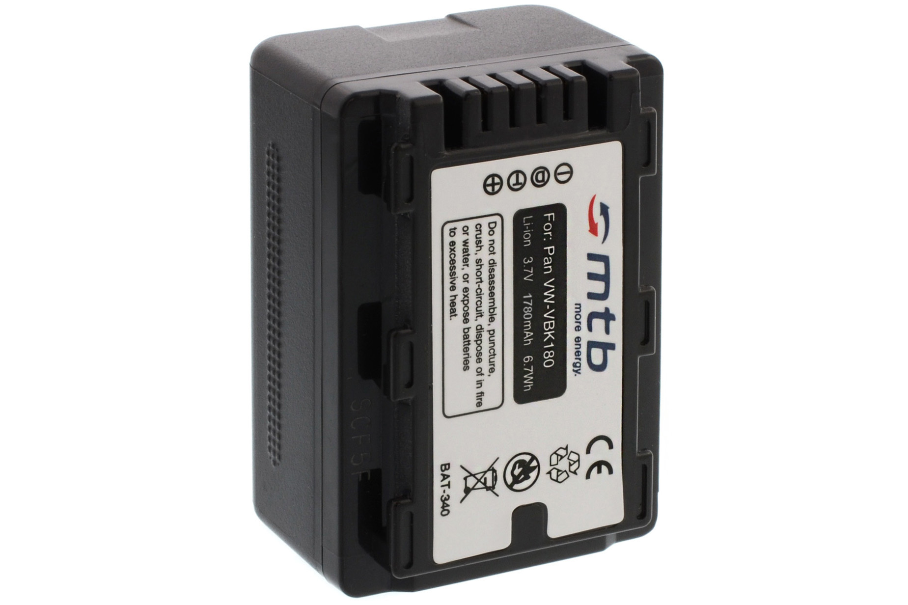 Schwarzer Akku mit Etikett. Er lautet 'For Pan VW-VBK150 Li-ion 3.7V 1780mAh'.
