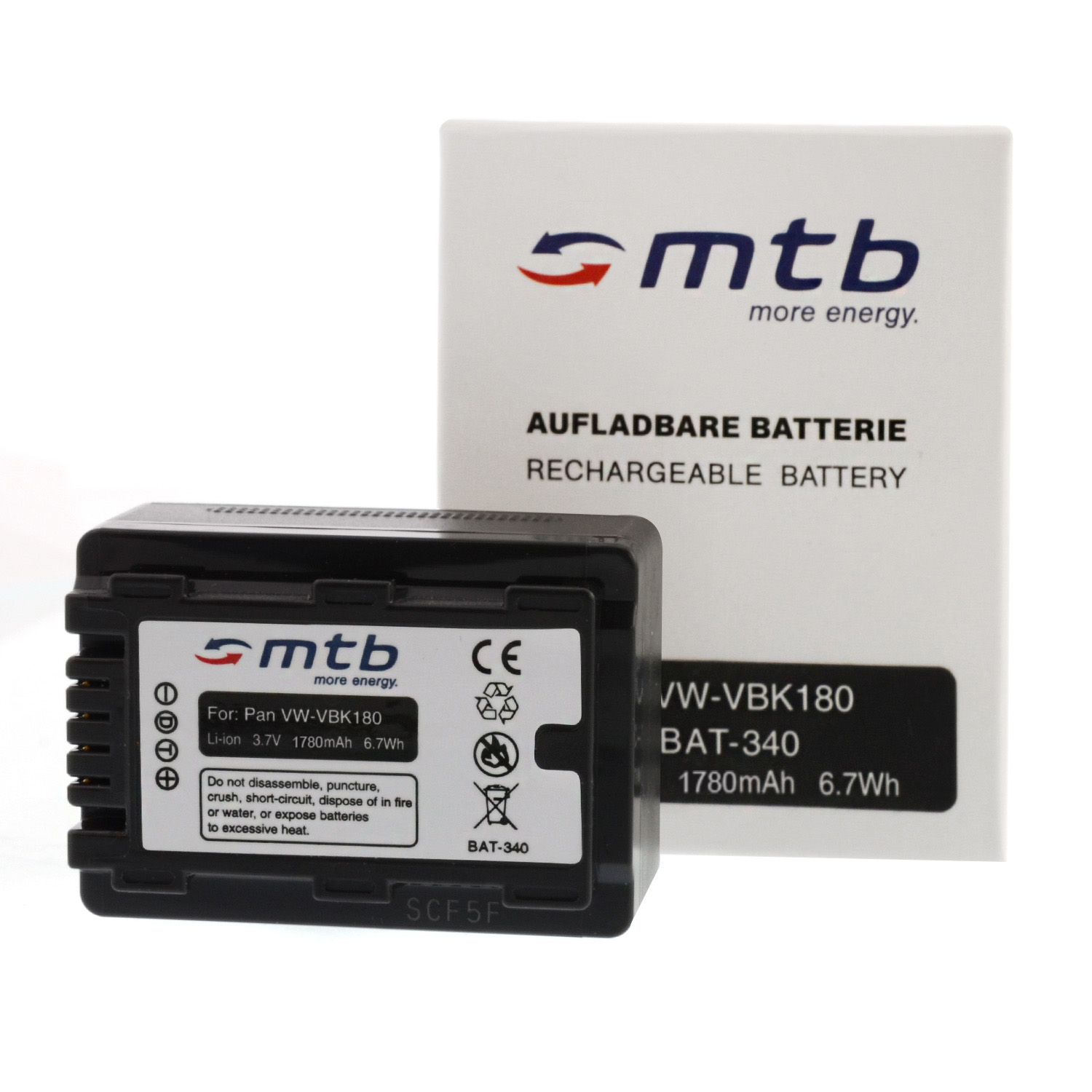 Schwarze Batterie mit weißer Box. Text auf Batterie und Box, der Batterietyp anzeigt.