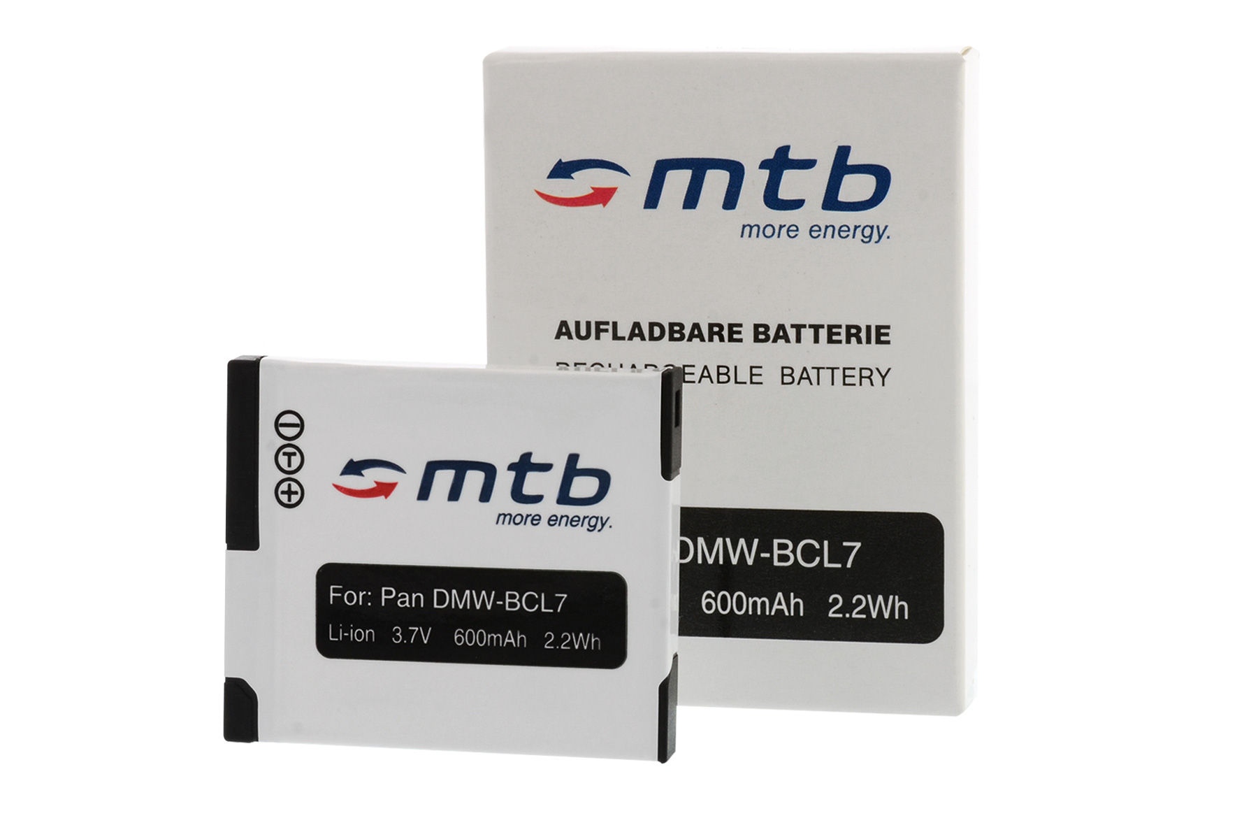 Zwei weiße Batterien mit Text und Logos. Eine ist größer als die andere.