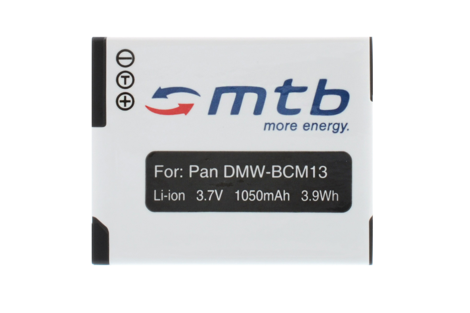 Weißer Akku mit schwarzem Text. Text enthält 'mtb more energy' und 'Für: Pan DMW-BCM13 Li-ion 3,7V'.