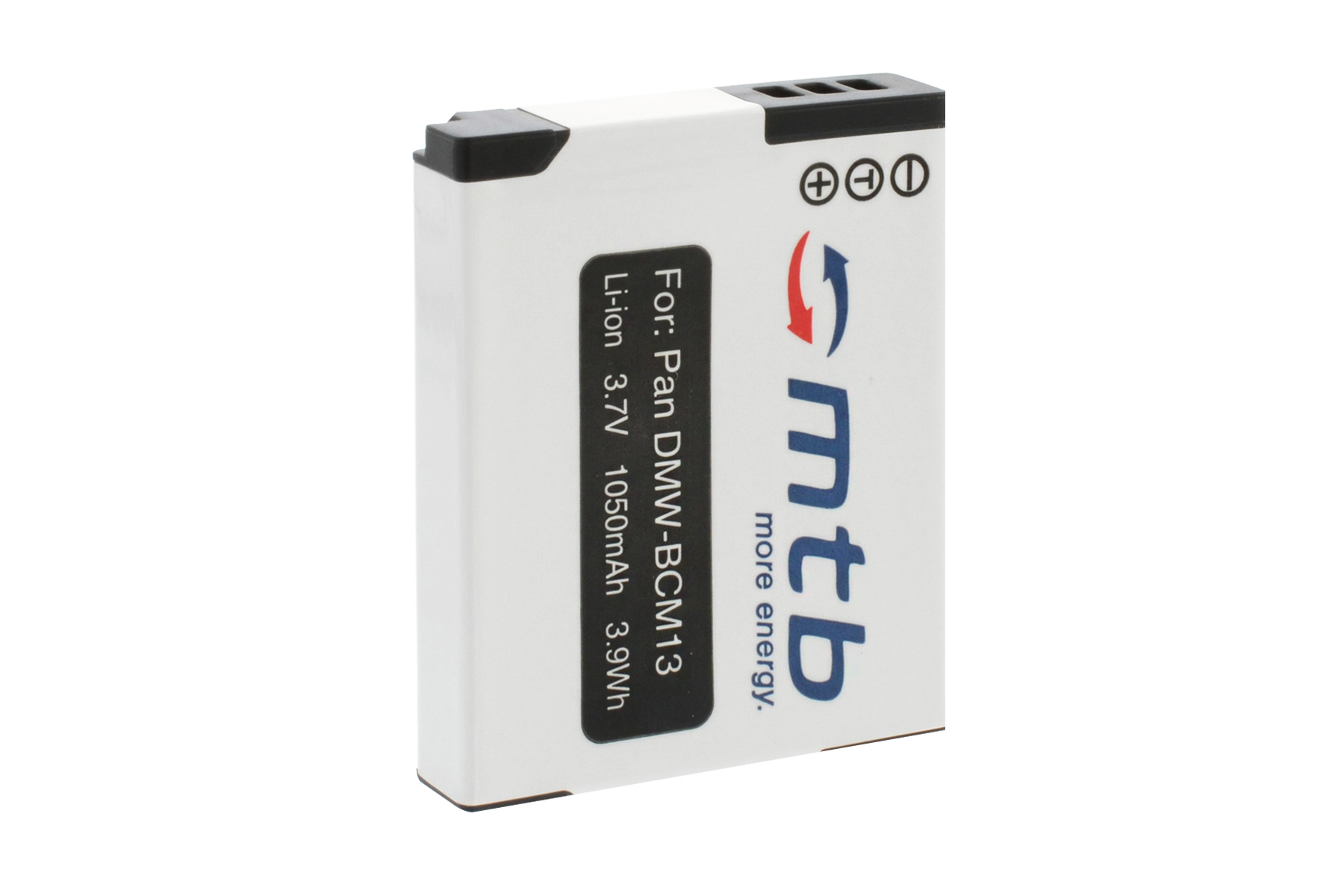 Weiße Kamera-Batterie mit Text und Logos. Die Batterie hat eine schwarze Oberseite und ist rechteckig.