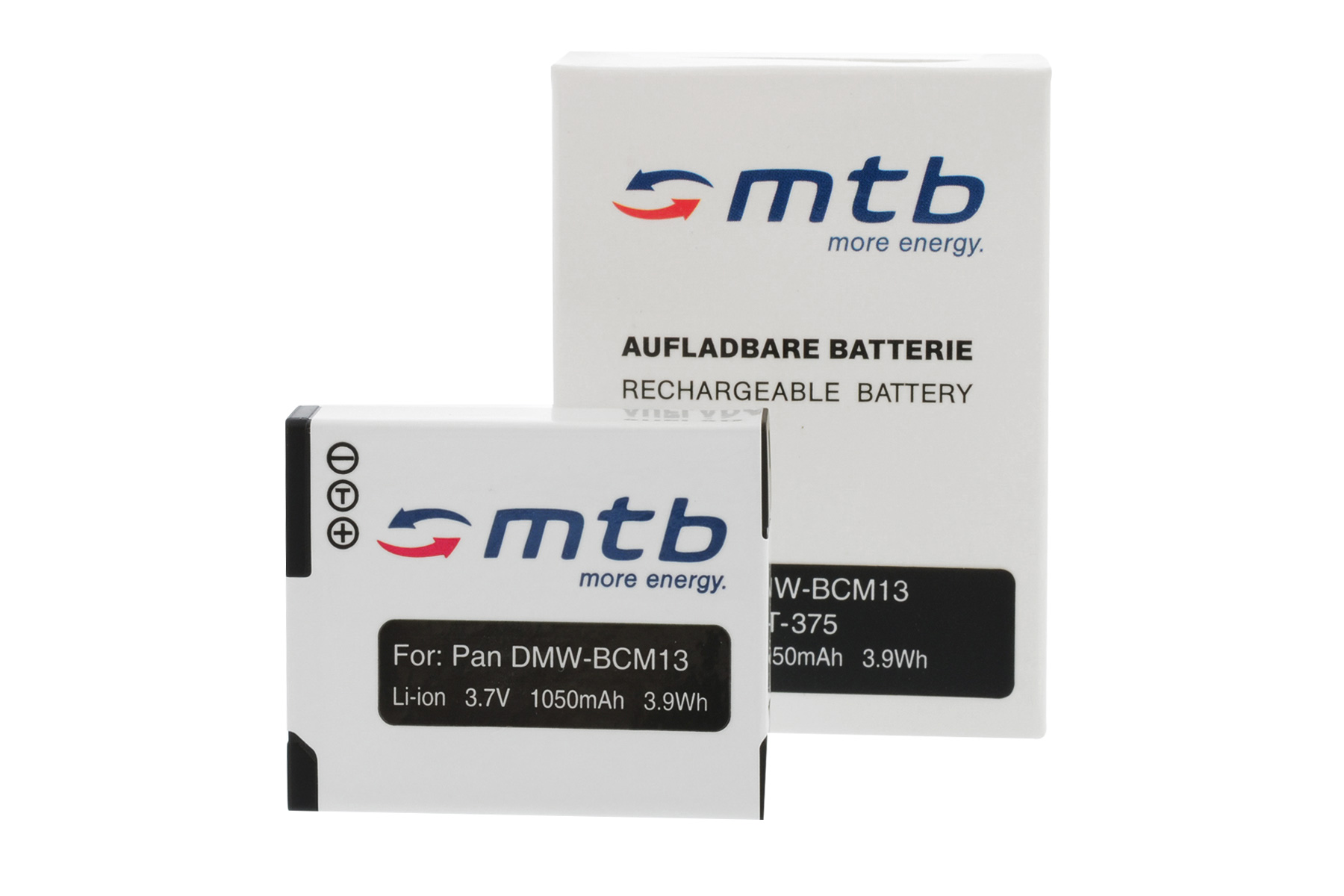 Zwei weiße Batterien mit blauen Logos und Text: Für Pan DMW-BCM13, Li-ion 3,7V 1050mAh 3,9Wh und Akku.