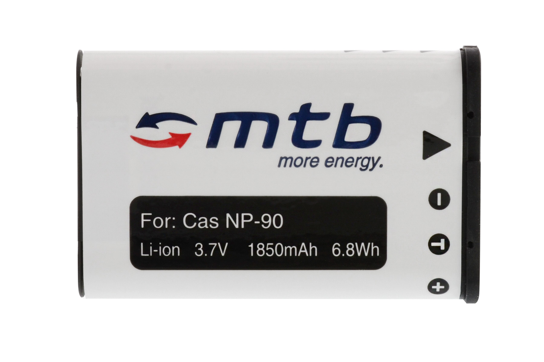 Weiße Batterie mit schwarzem und rotem Text. Es steht 'mtb more energy' und 'For: Cas NP-90'.
