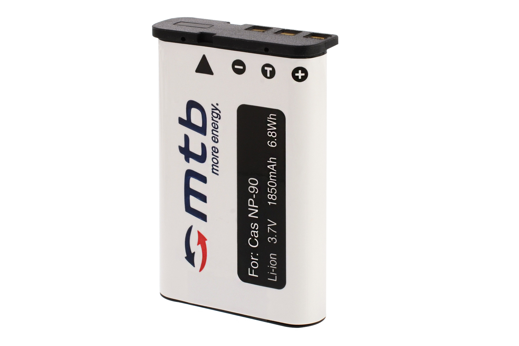 Weißer Akku mit 'mtb more energy' Aufschrift. Für Cas NP-90, 3,7V, 1850mAh. Schwarzer Text auf weißem Grund.