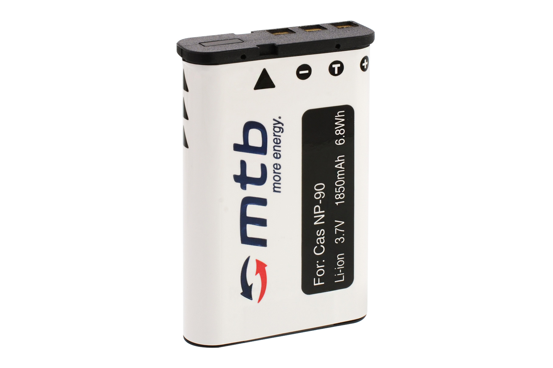 Weiße MTB-Batterie mit schwarzem Deckel und Text. Für Cas NP-90, 3,7V, 1850mAh, 6,8Wh.