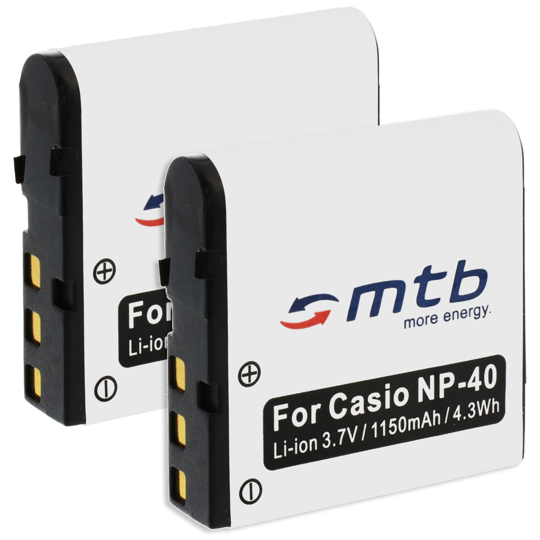 Zwei weiße Batterien mit der Aufschrift 'mtb more energy', 'For Casio NP-40' und Infos.