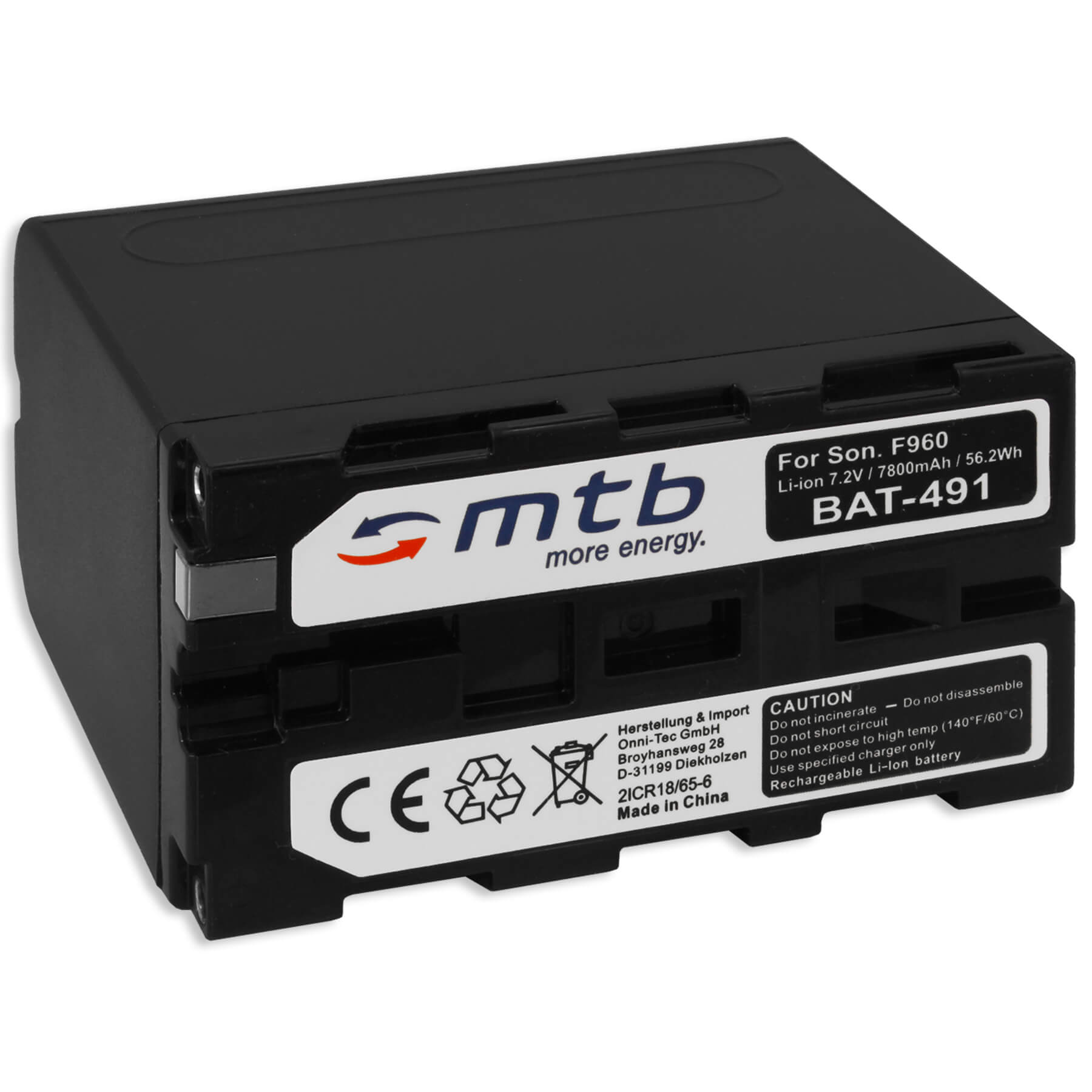 Schwarzer Akku mit der Aufschrift 'mtb' mit weißem Text und 'more energy'. Hat weiße und schwarze Etiketten.