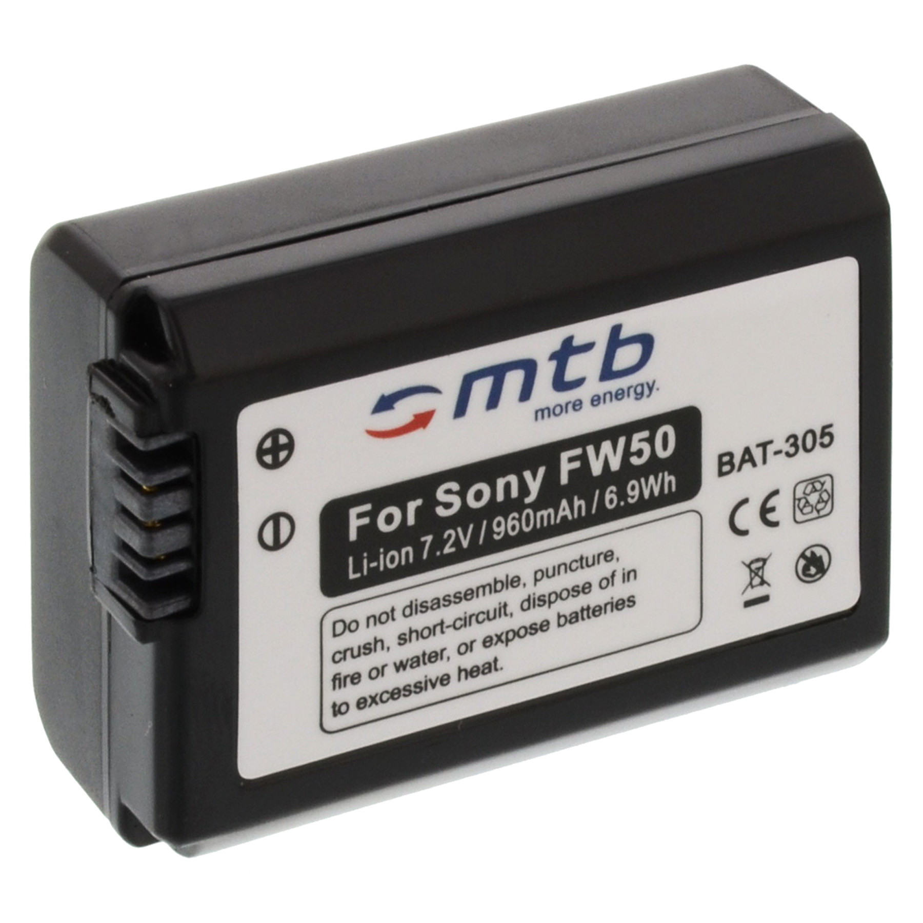 Schwarzer Akku mit weißem Etikett, Text: Für Sony FW50, Li-Ion 7,2V, Warnhinweis.
