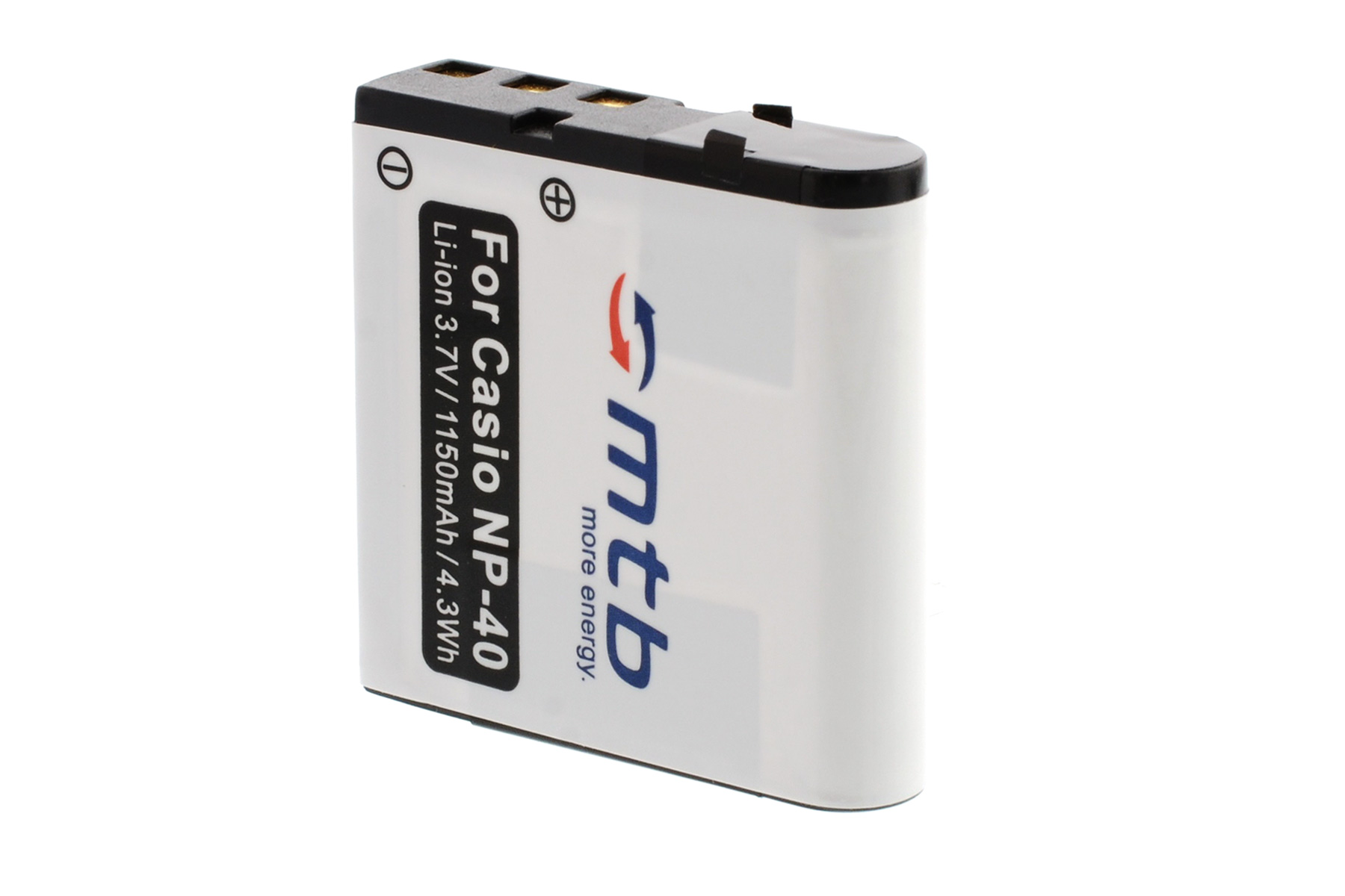 Weiße Casio-Batterie mit schwarzem Deckel und Text: Li-Ion 3,7 V. Die Batterie hat das MTB-Logo.