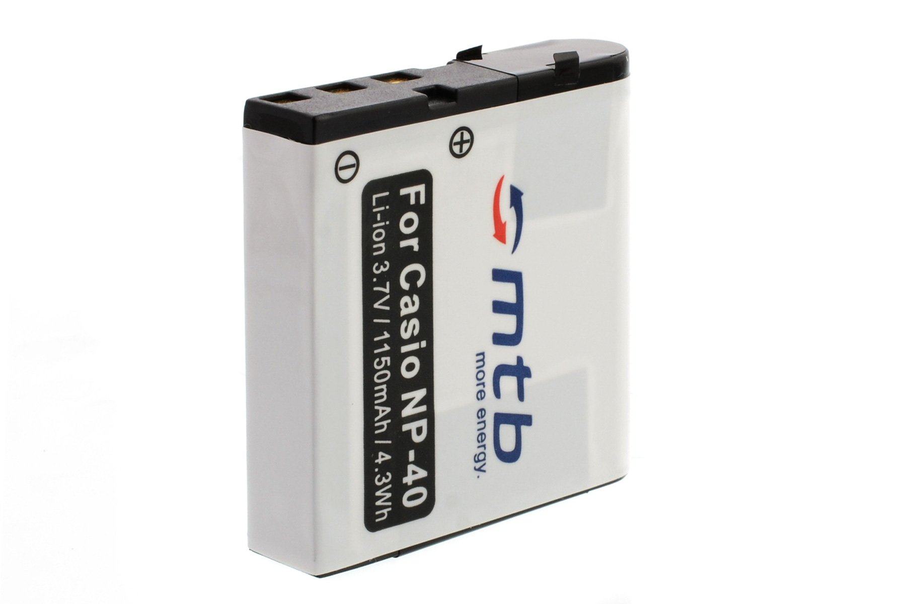 Weiße und schwarze Casio NP-40 Batterie, mit Text, der Li-Ionen 3,7 V/1150 mAh/4,3 Wh angibt. Das MTB-Logo ist sichtbar.