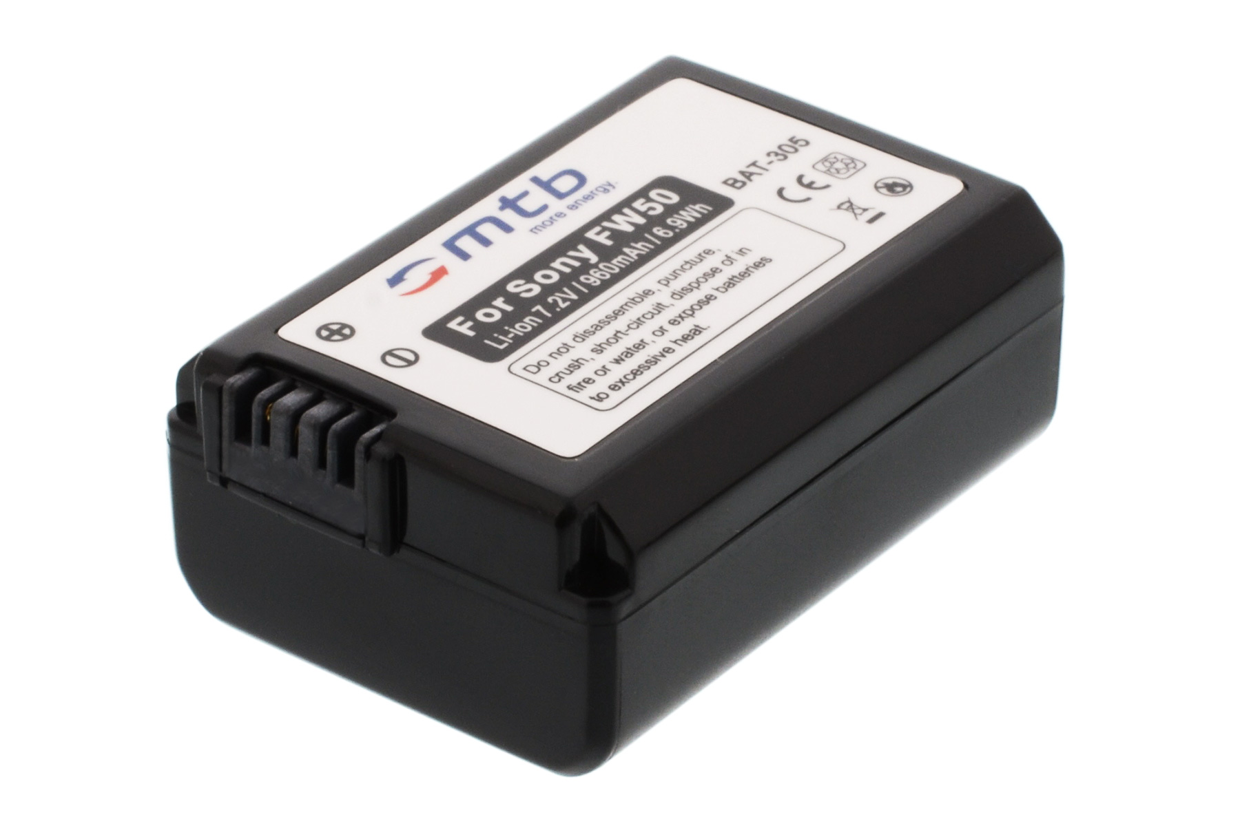 Schwarzer Akku mit der Aufschrift 'For Sony FW50'. Der Akku ist rechteckig mit schwarzer Oberfläche.