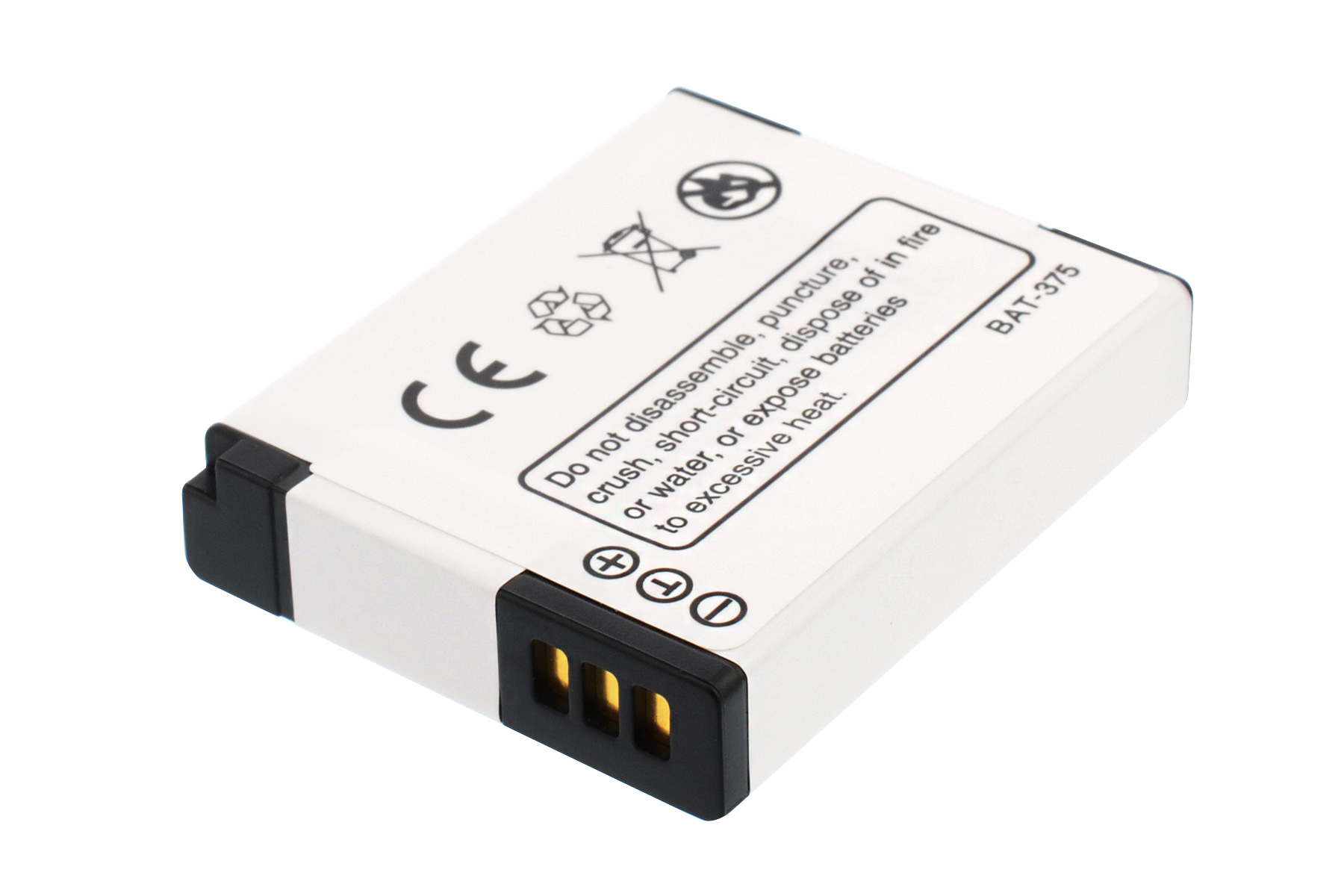 Weiße Batterie mit Goldkontakten, schwarzem Rand und Warnhinweisen.