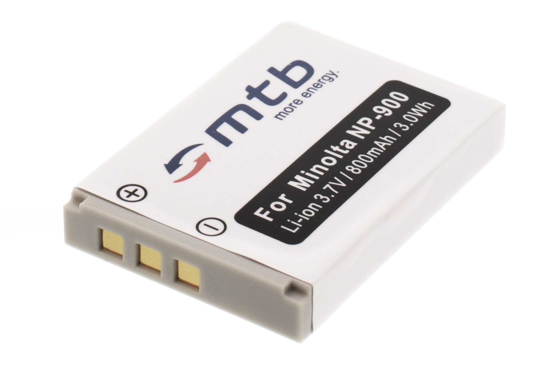 Weiße MTB-Batterie, Für Minolta NP-900, Li-ion 3,7V/800mAh/3,0Wh mit Goldstiften.