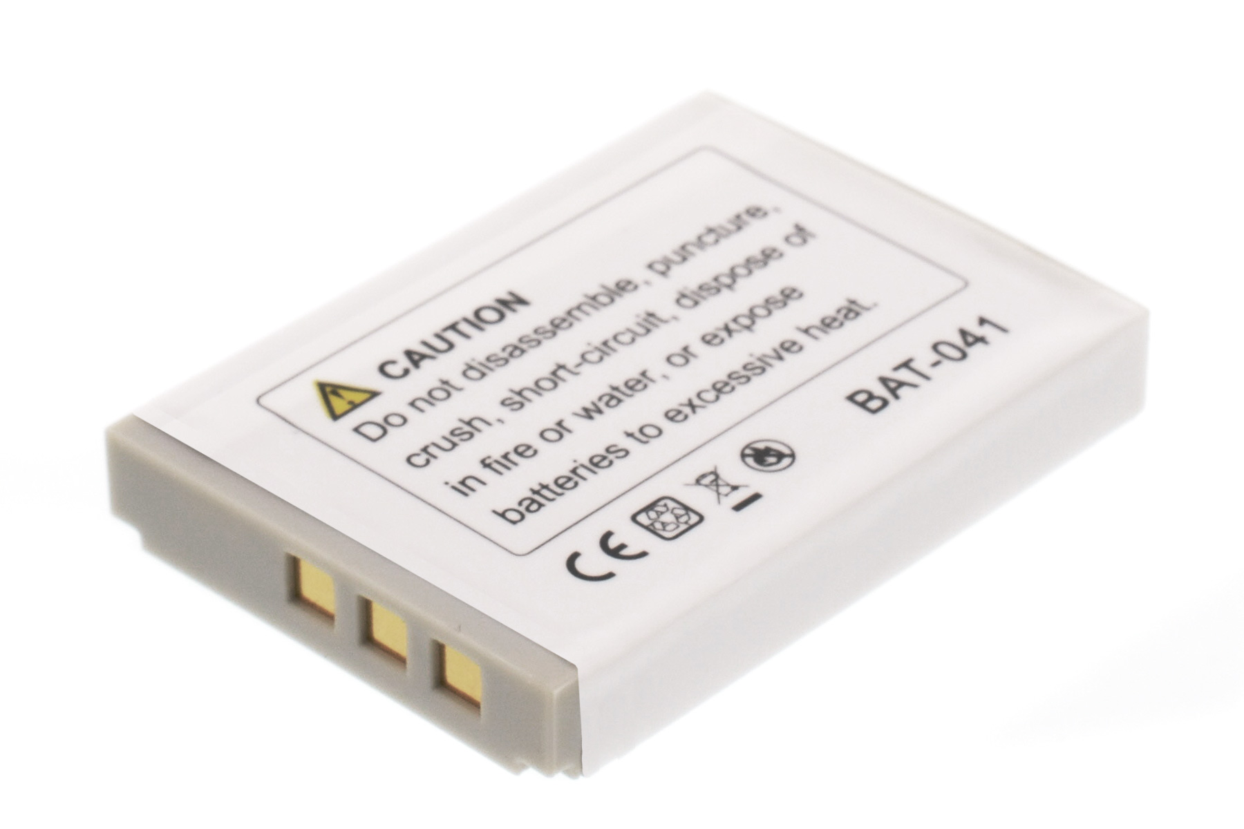 Eine weiße Batterie mit Warnhinweis, Goldkontakten und CE-Zeichen.