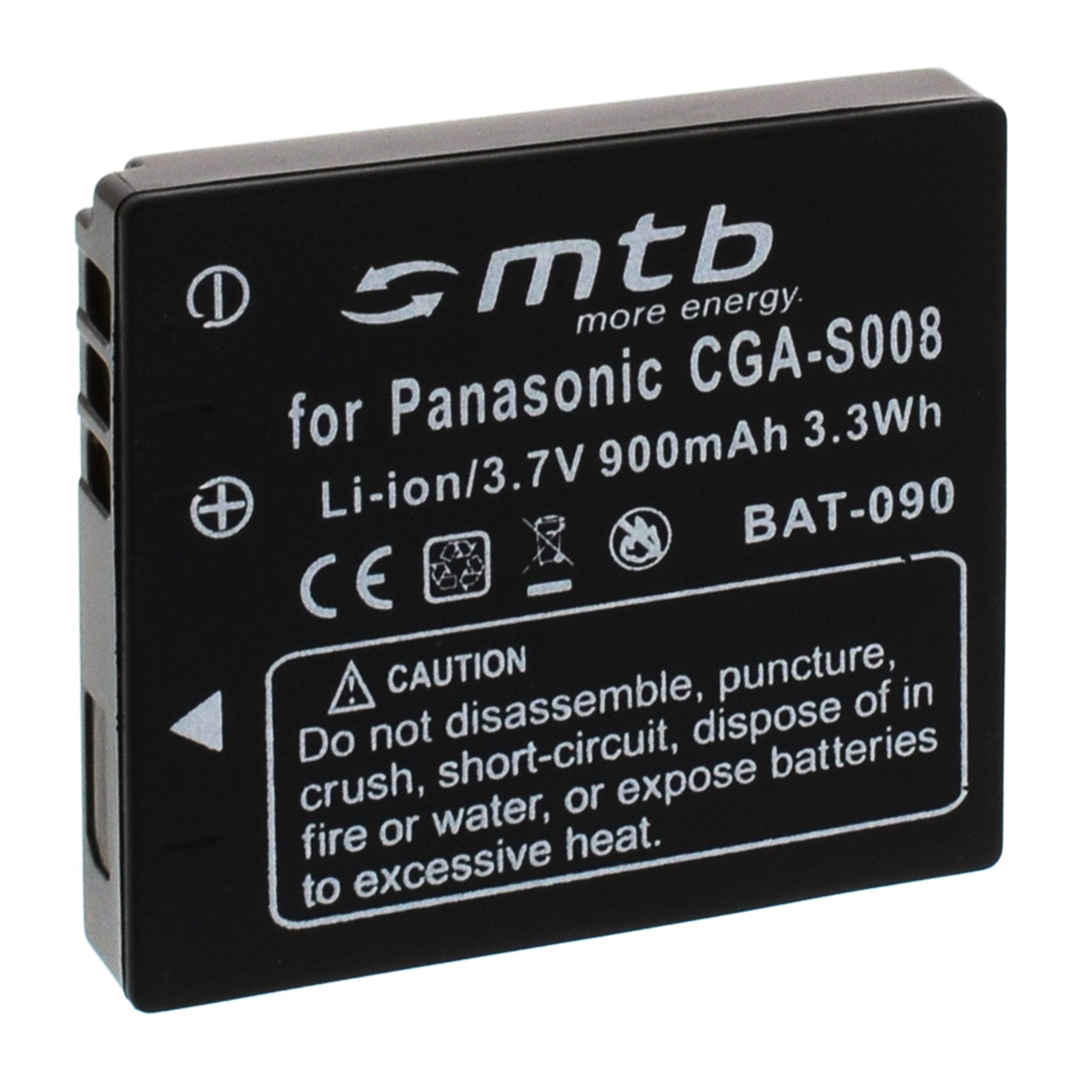 Schwarze Batterie mit weißem Text. Aufschrift: for Panasonic CGA-S008, Li-ion/3.7V 900mAh 3.3Wh. Warnhinweis.