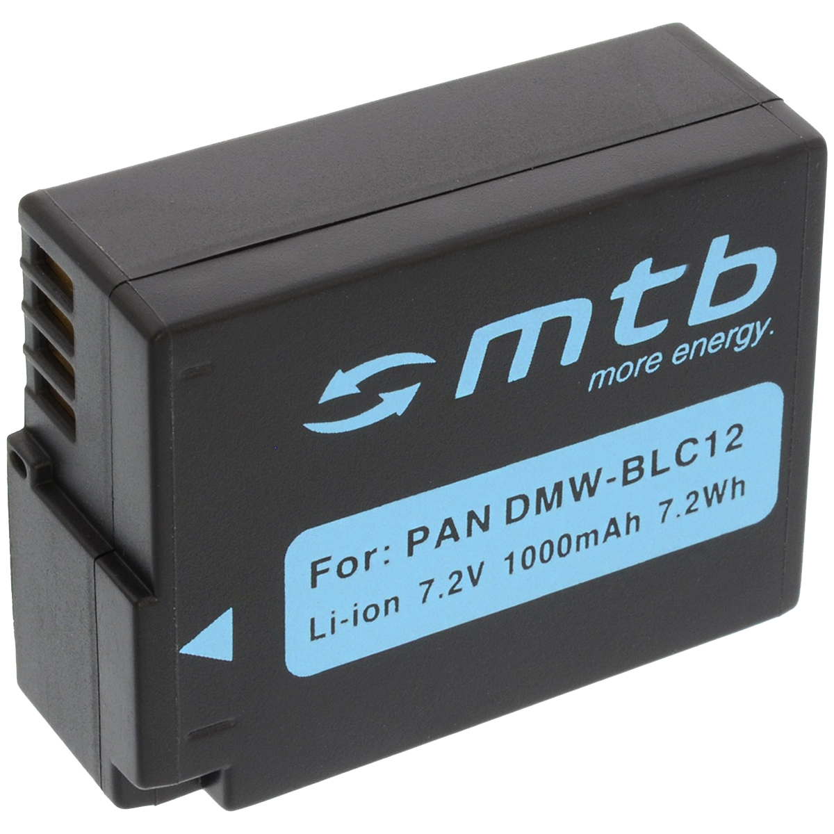 Eine schwarze Batterie mit weißem Text mit der Aufschrift 'mtb', 'more energy' und Spezifikationen.