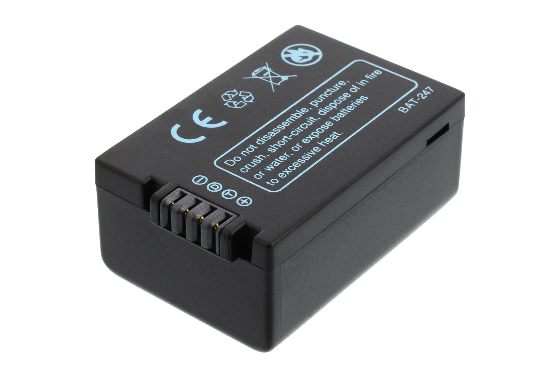 Schwarzer Akku. Text auf der Batterie warnt vor potenziellen Gefahren.