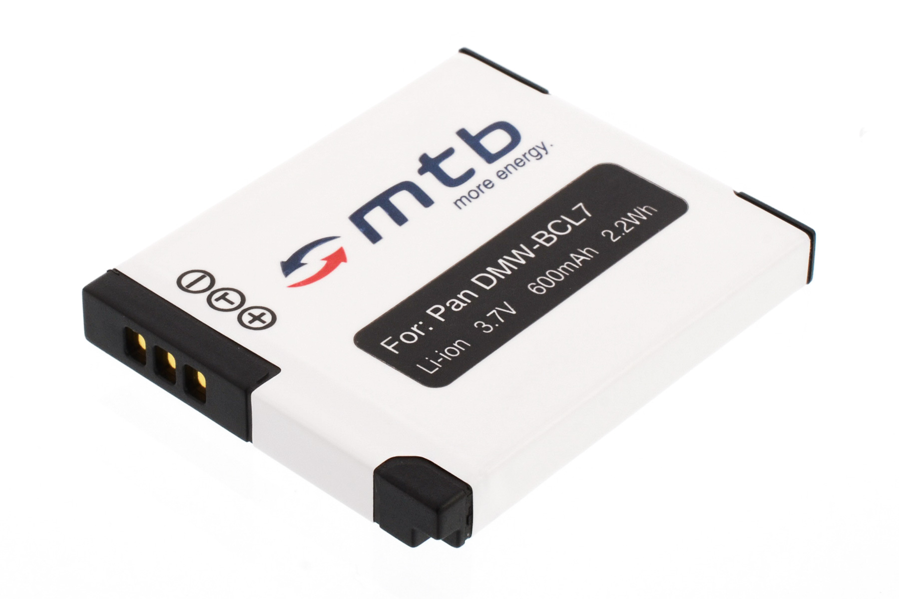 Weiße Batterie mit schwarzem Deckel und Text: Für: Pan DMW-BCL7 Li-Ion 3,7 V 600 mAh. Die Batterie hat das MTB-Logo.