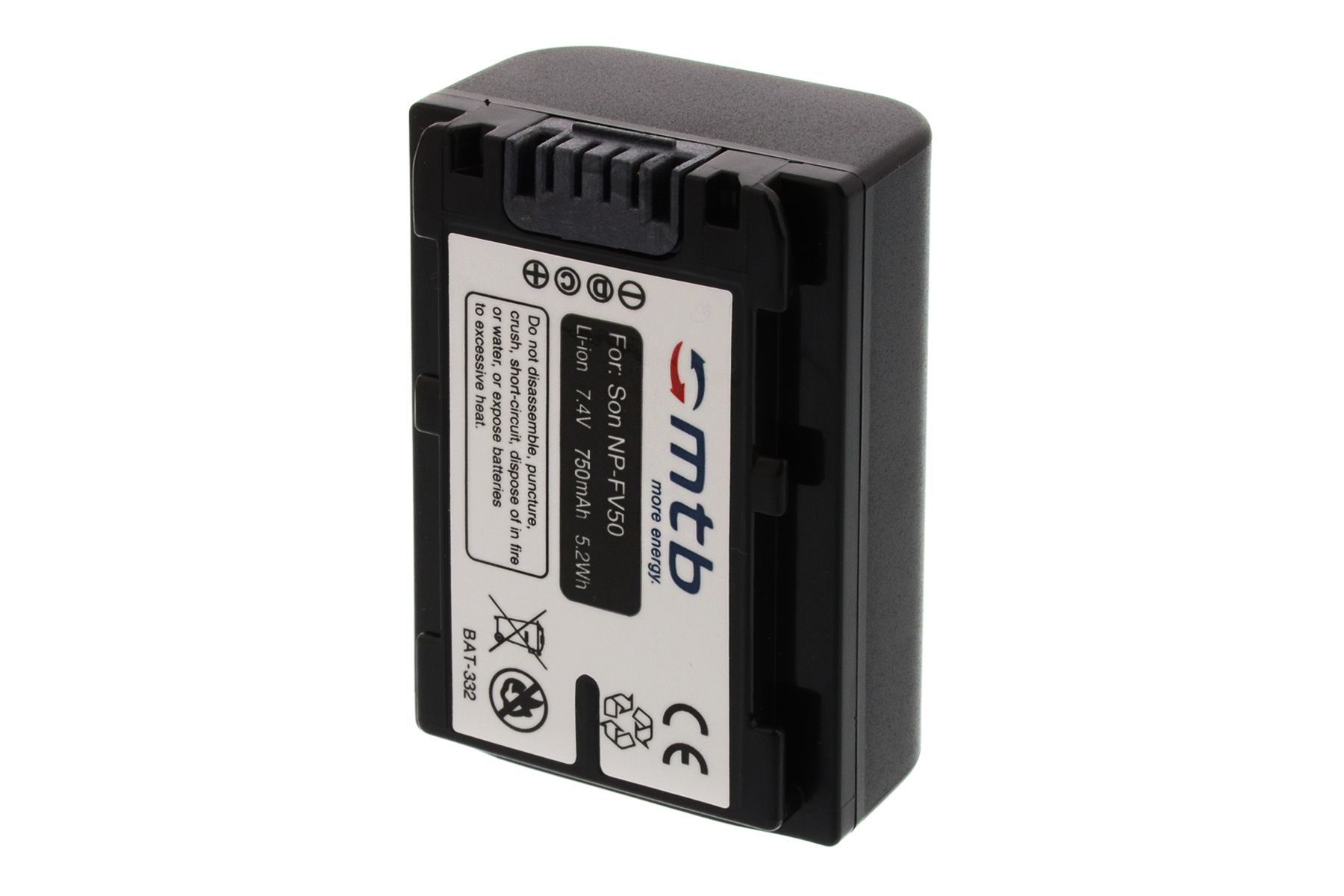 Schwarze Batterie mit weißem Text und einem Logo. Auf weißem Hintergrund.