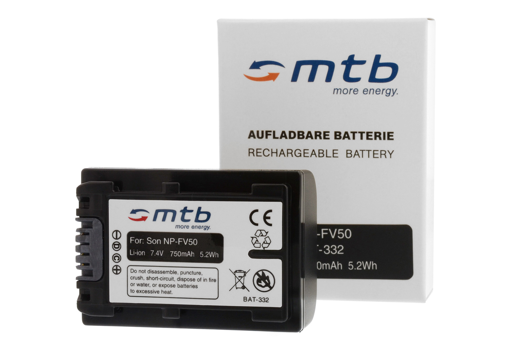 Eine Batterie mit einer weißen Box. Auf dem Etikett steht 'For Son NP-FV50' und Sicherheitshinweise.