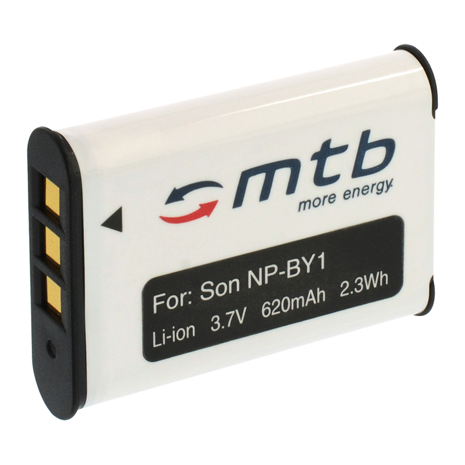 Eine weiße Batterie mit schwarzem Etikett. Sie hat das Logo und Text.