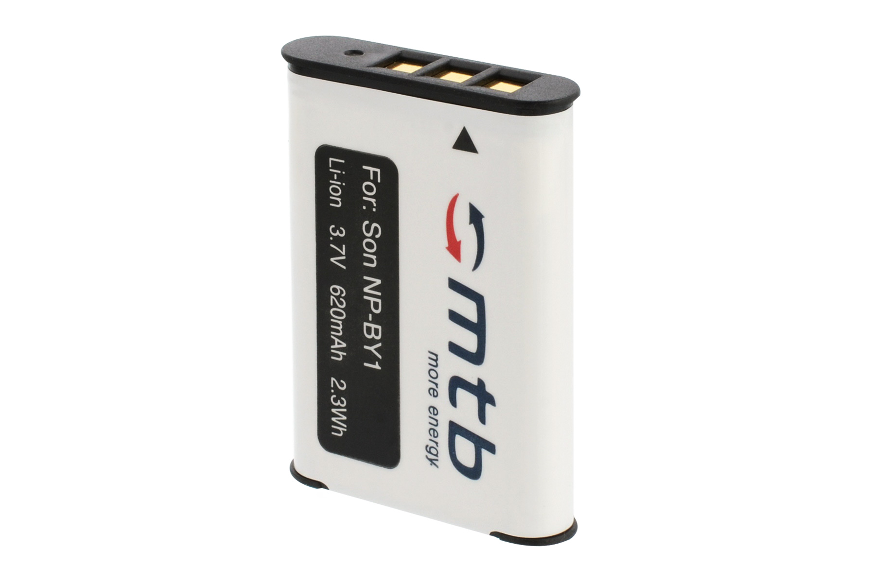 Eine weiße und schwarze Batterie mit dem Text 'For: Son NP-BY1' und dem 'mtb'-Logo auf weißem Hintergrund.