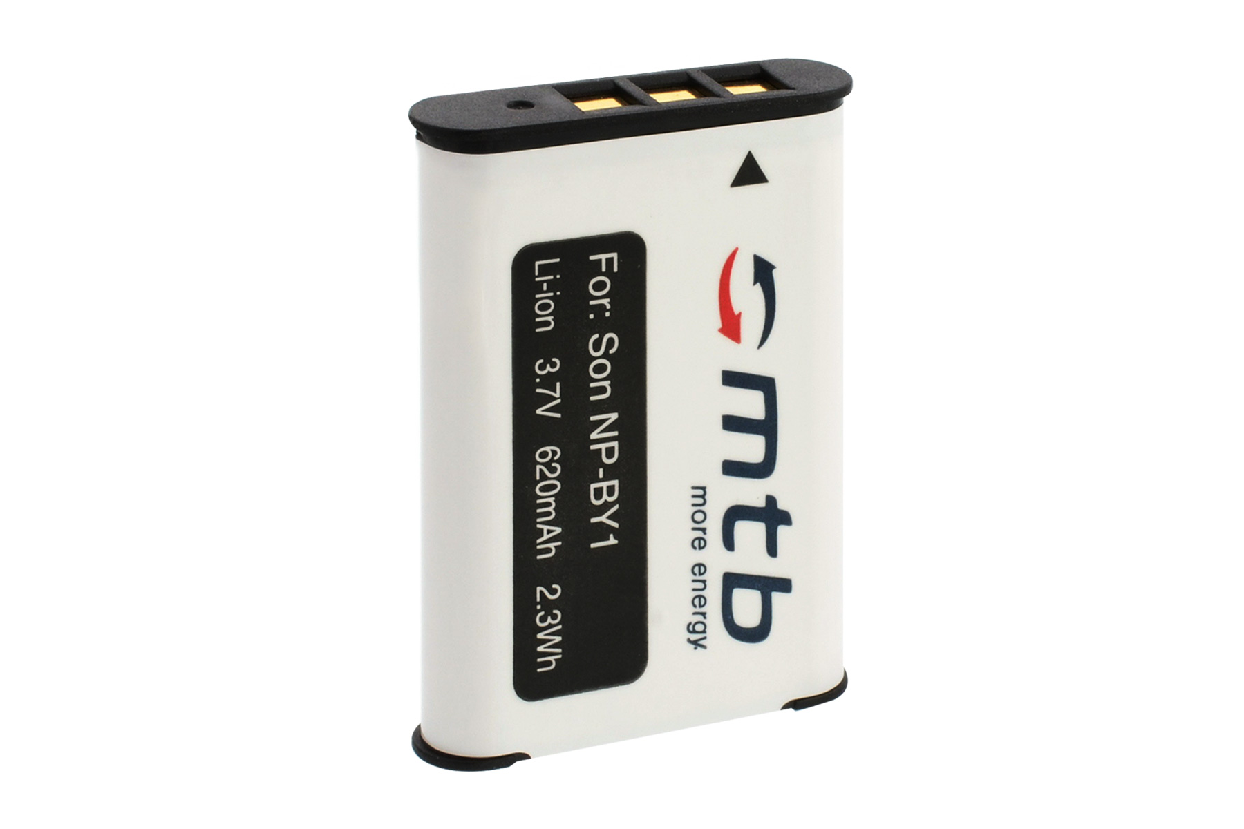 Weißer Akku mit schwarzem Text. Text enthält 'mtb more energy' und 'Für: Son NP-BY1 Li-ion 3,7V'.