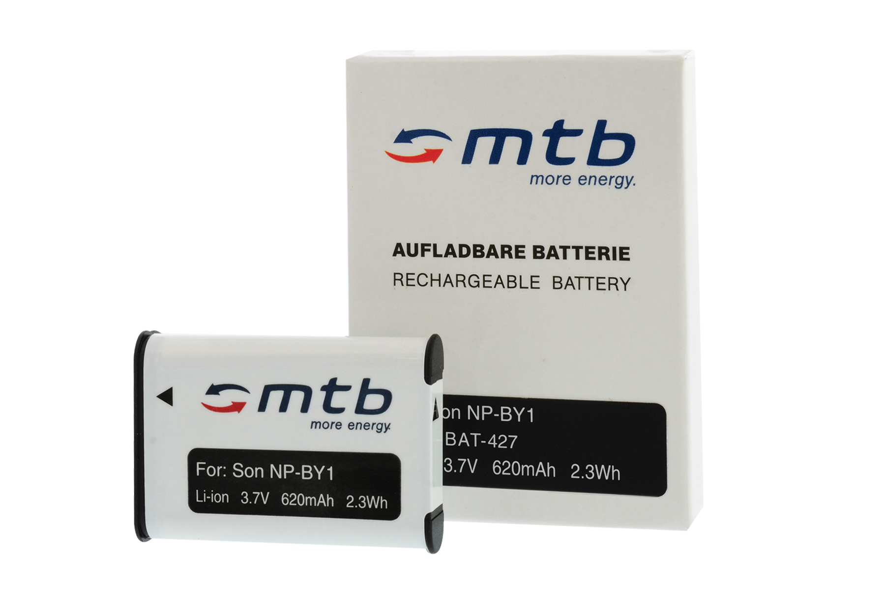Weiße Batterie mit Text und Box. Weißer Hintergrund.