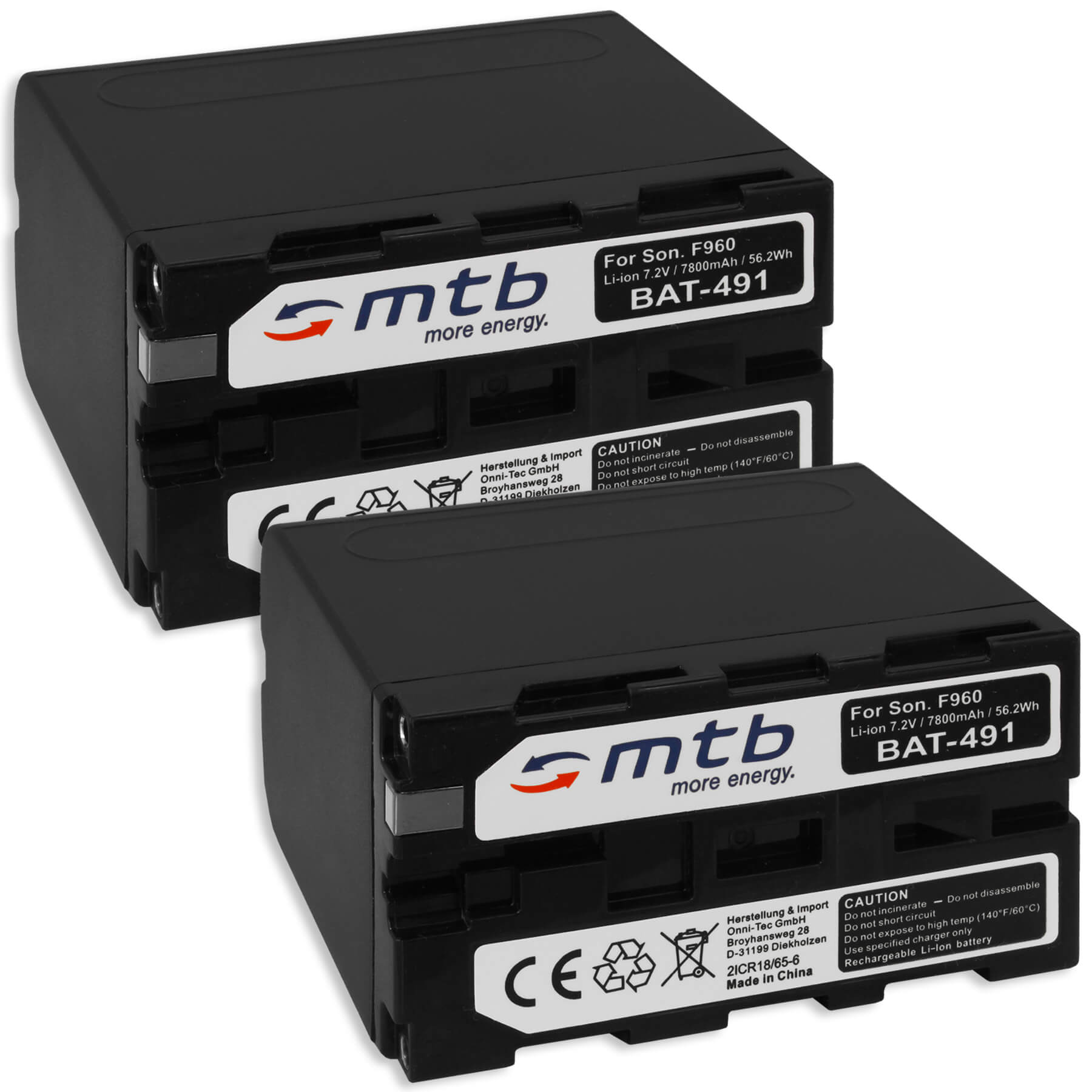 Zwei schwarze Akkus mit weißen Etiketten mit der Aufschrift 'mtb more energy' und Batterieinformationen.