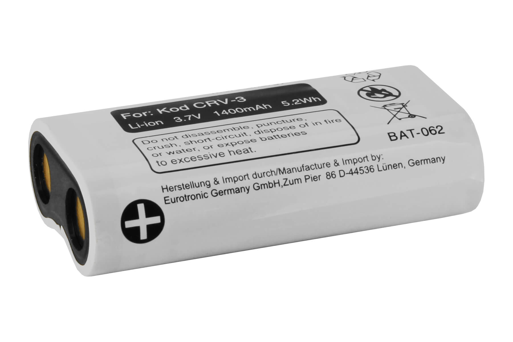 Weiße Batterie mit Text und schwarzem Sockel, mit Pluszeichen an der Seite.