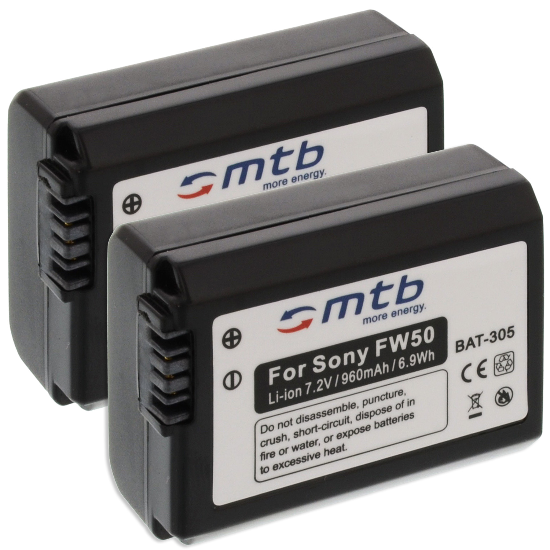 Zwei schwarze Batterien nebeneinander. Weißes Etikett mit Text und Warnsymbolen. CE-Symbol.