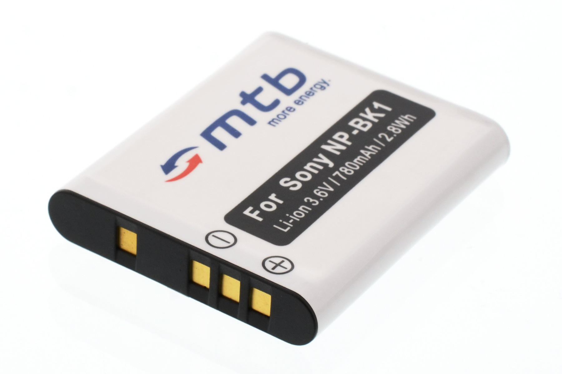 Weiße Batterie mit schwarzem Text 'For Sony NP-BK1' mit Plus- und Minus-Symbolen.