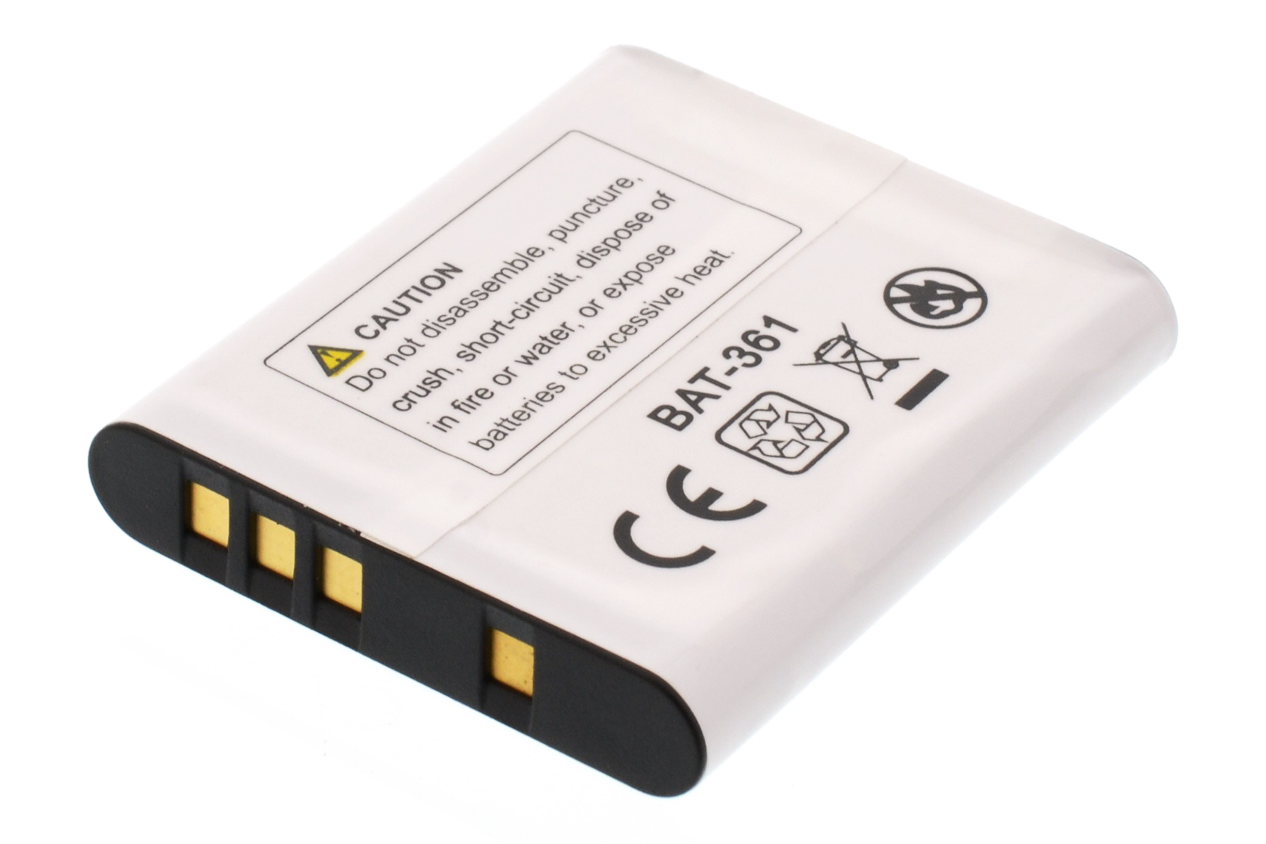 Weißer Akku mit Warnungen und Symbolen. Hat das CE-Zeichen und Text. Schwarzes Ende mit Goldkontakten.