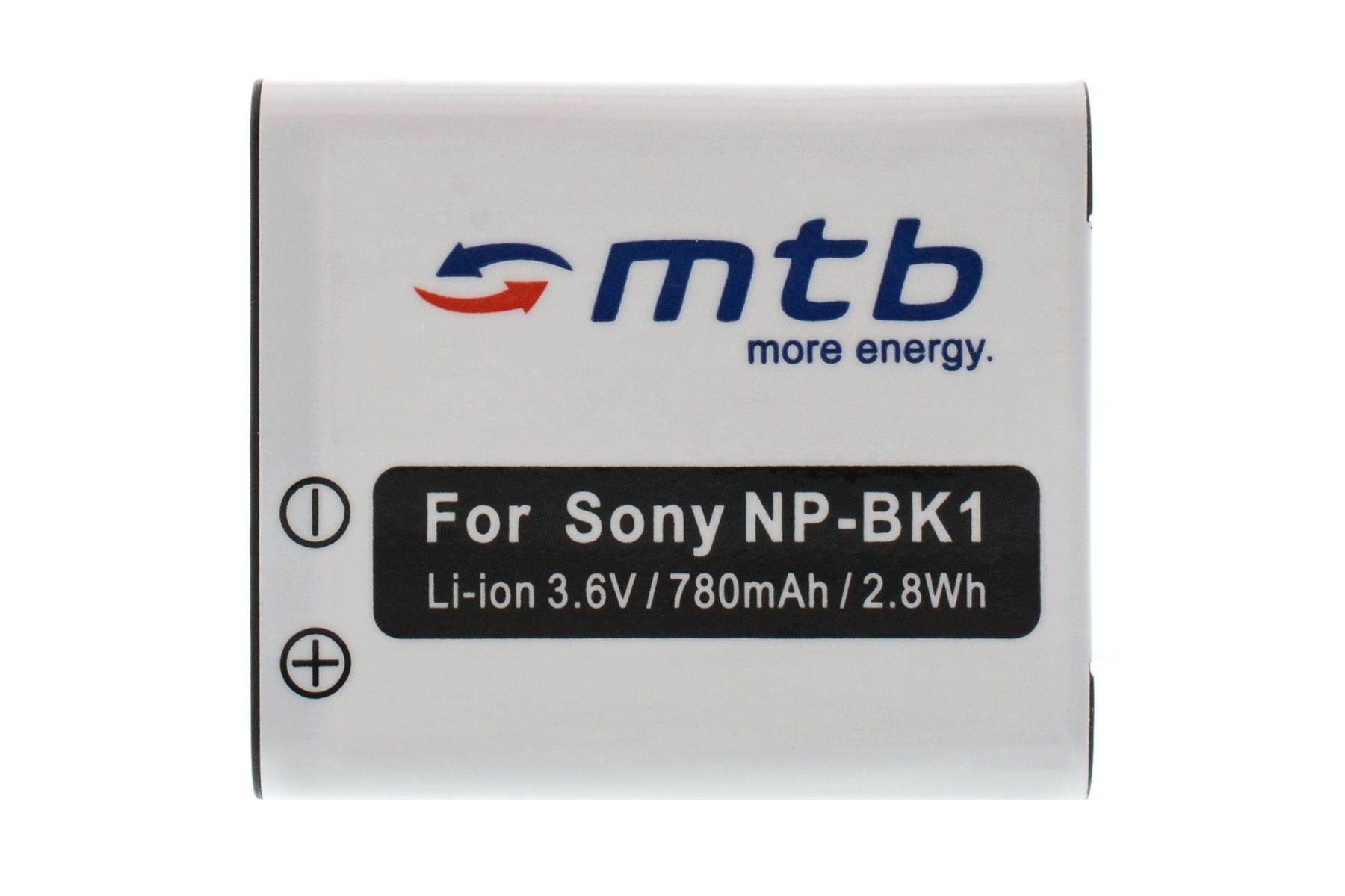 Weißer Akku mit schwarzem Text: Für Sony NP-BK1.