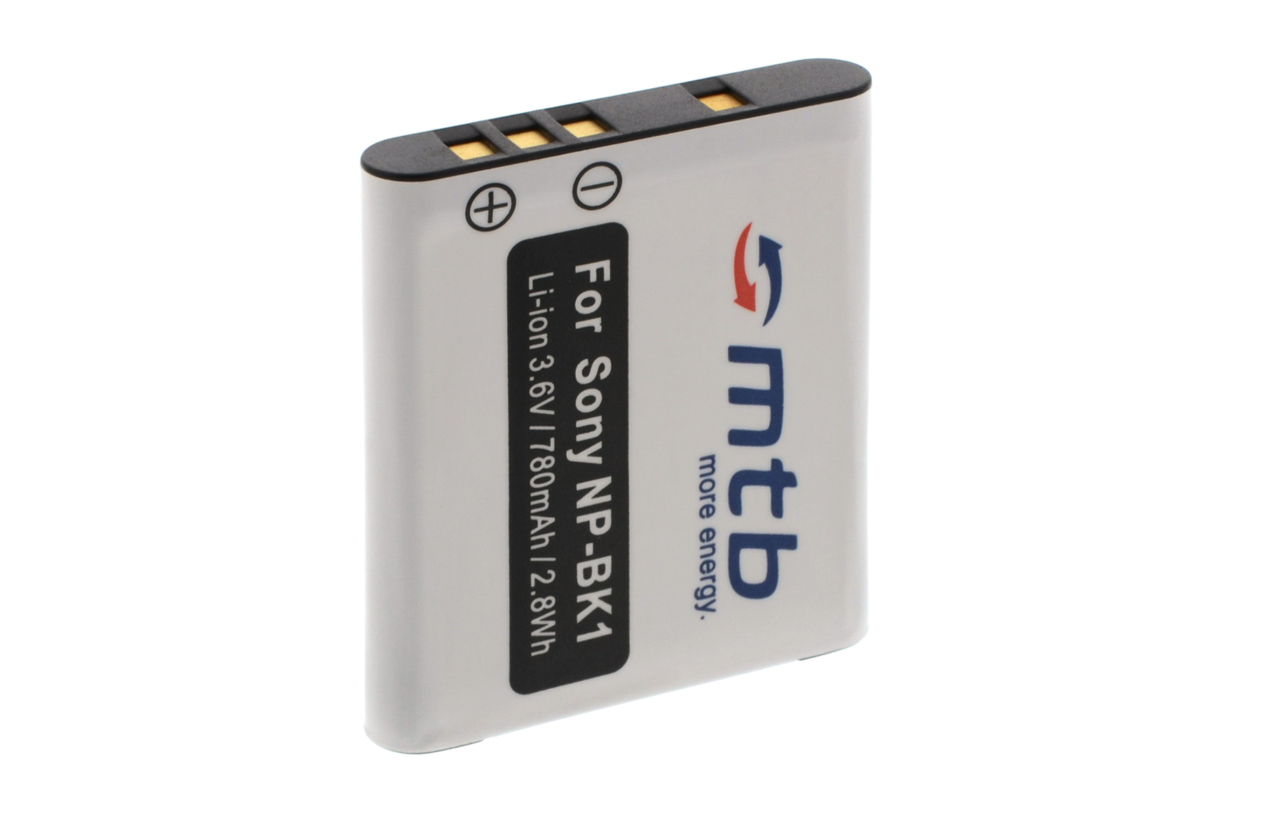 Weiße Batterie mit schwarzer Oberseite, Marke "mtb", für Sony NP-BK1. Mit + und - Symbolen oben.