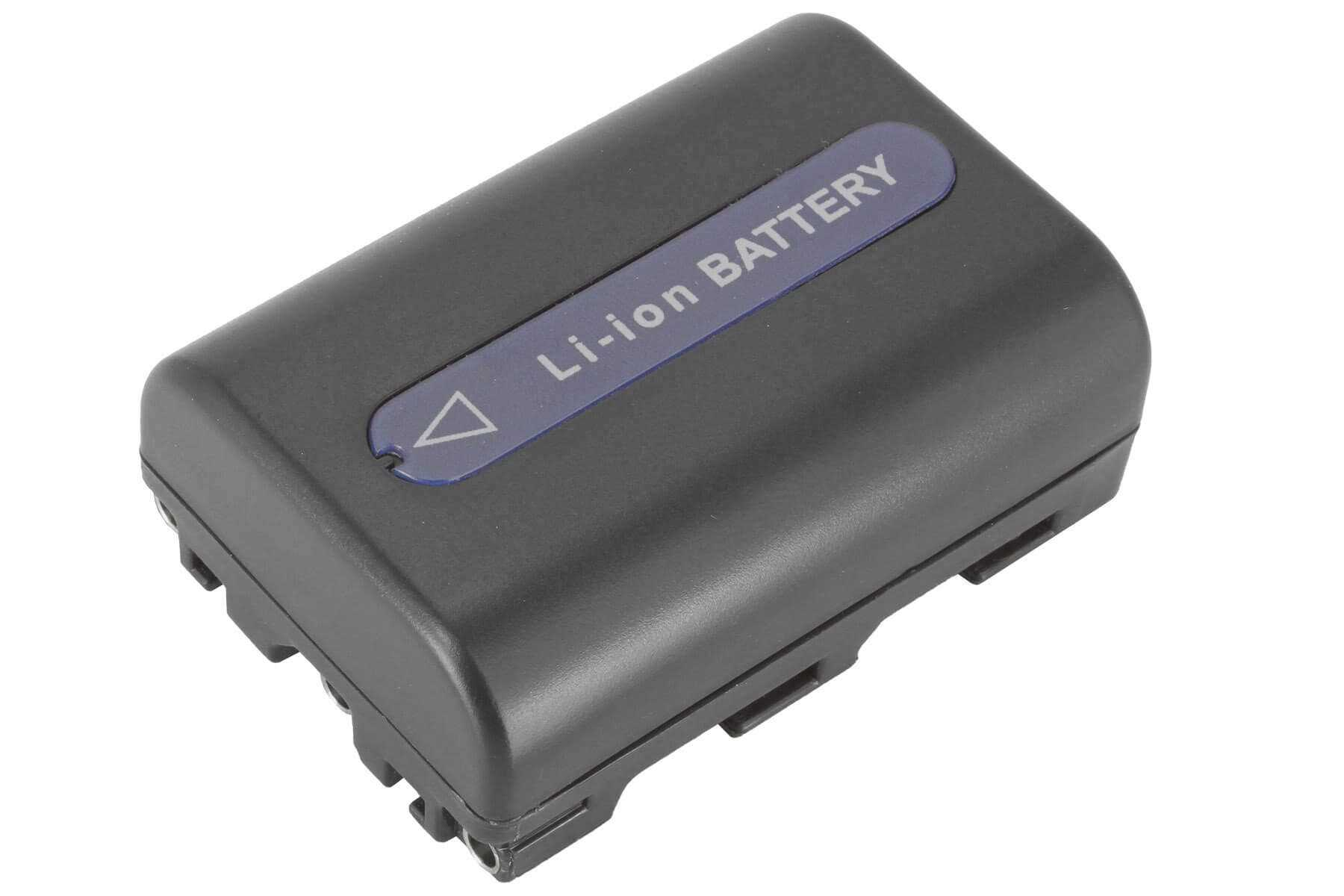 Schwarzer Li-Ionen-Akku mit blauem Textfeld. Die Batterie ist rechteckig.