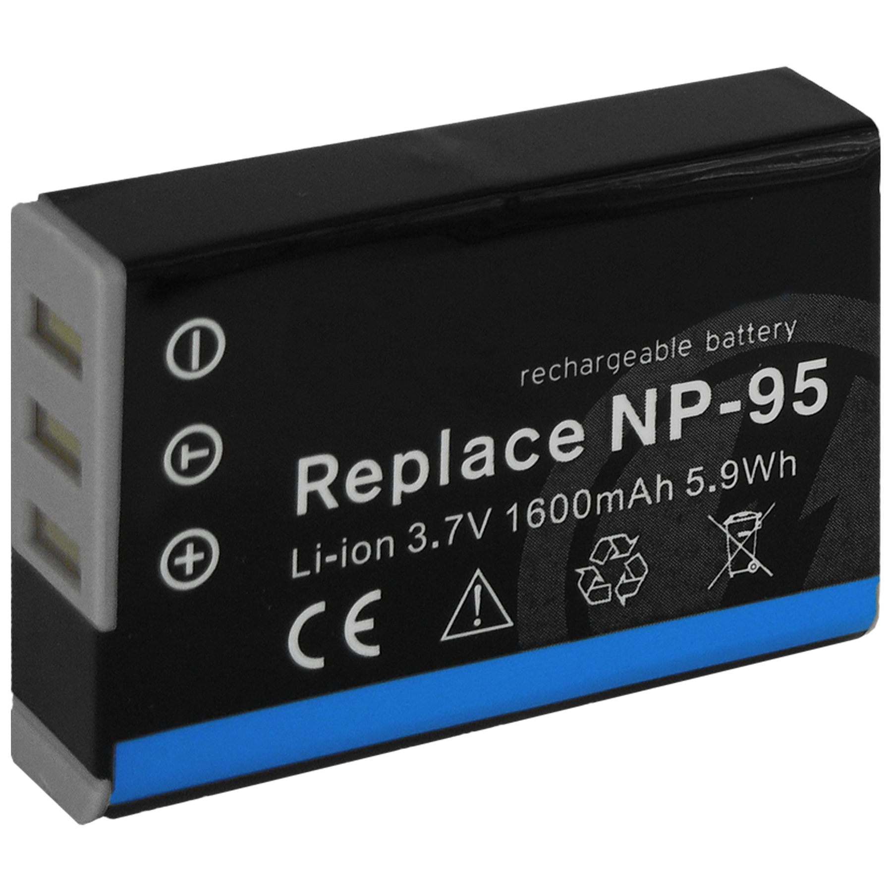 Schwarz-blaue Batterie mit der Aufschrift 'Replace NP-95' mit Warnhinweisen, auf weißem Hintergrund.