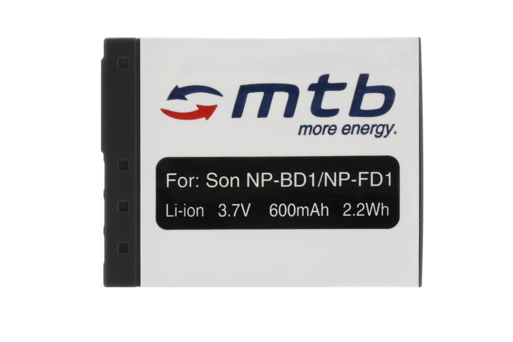 Weiße Batterie mit schwarzen Enden. Etikett mit Markenname und Spezifikationen.