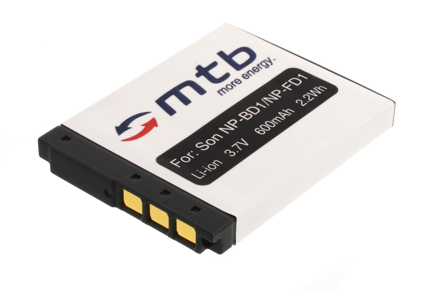 Weiße MTB-Batterie, Für Son NP-BD1/NP-FD1, Li-ion 3,7V, 600mAh, 2,2Wh mit Goldstiften.