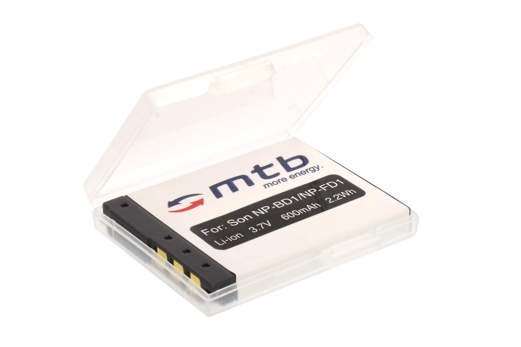 Eine Batterie in einem transparenten Kunststoffgehäuse, mit Etiketten und weißem Hintergrund.