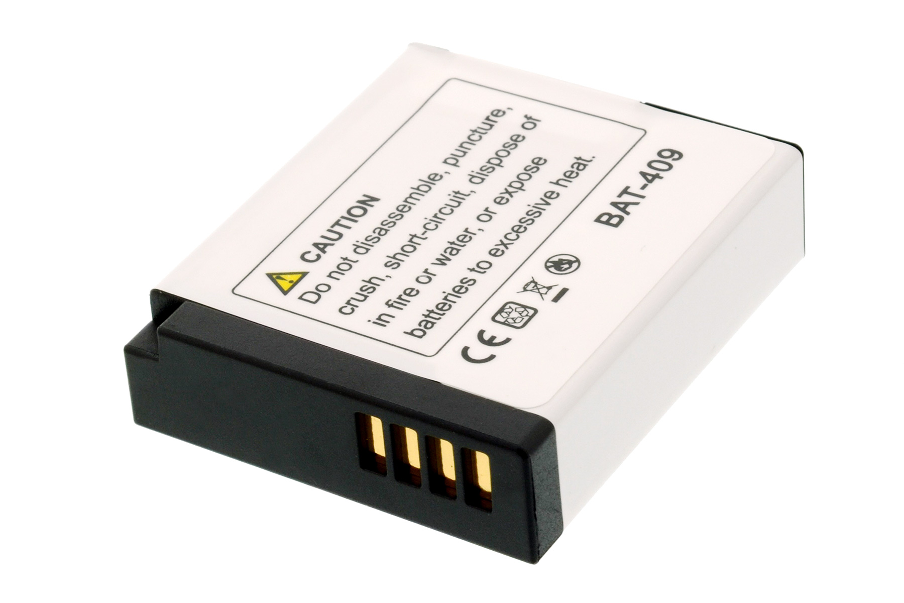 Weiße Batterie mit schwarzem Etikett, Vorsichtstext und Warnungen.