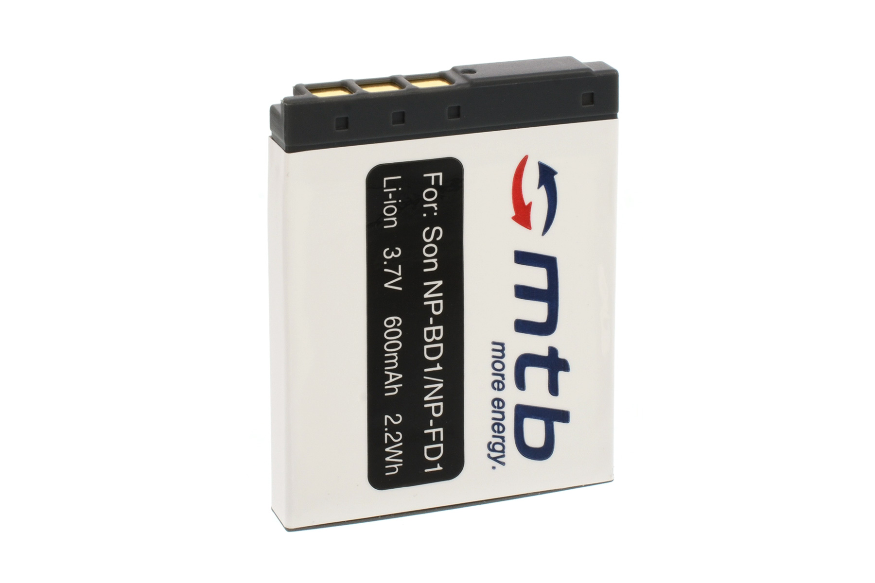 Eine weiße mtb-Batterie für Sony. Es hat Warnungen und Spezifikationen aufgedruckt.