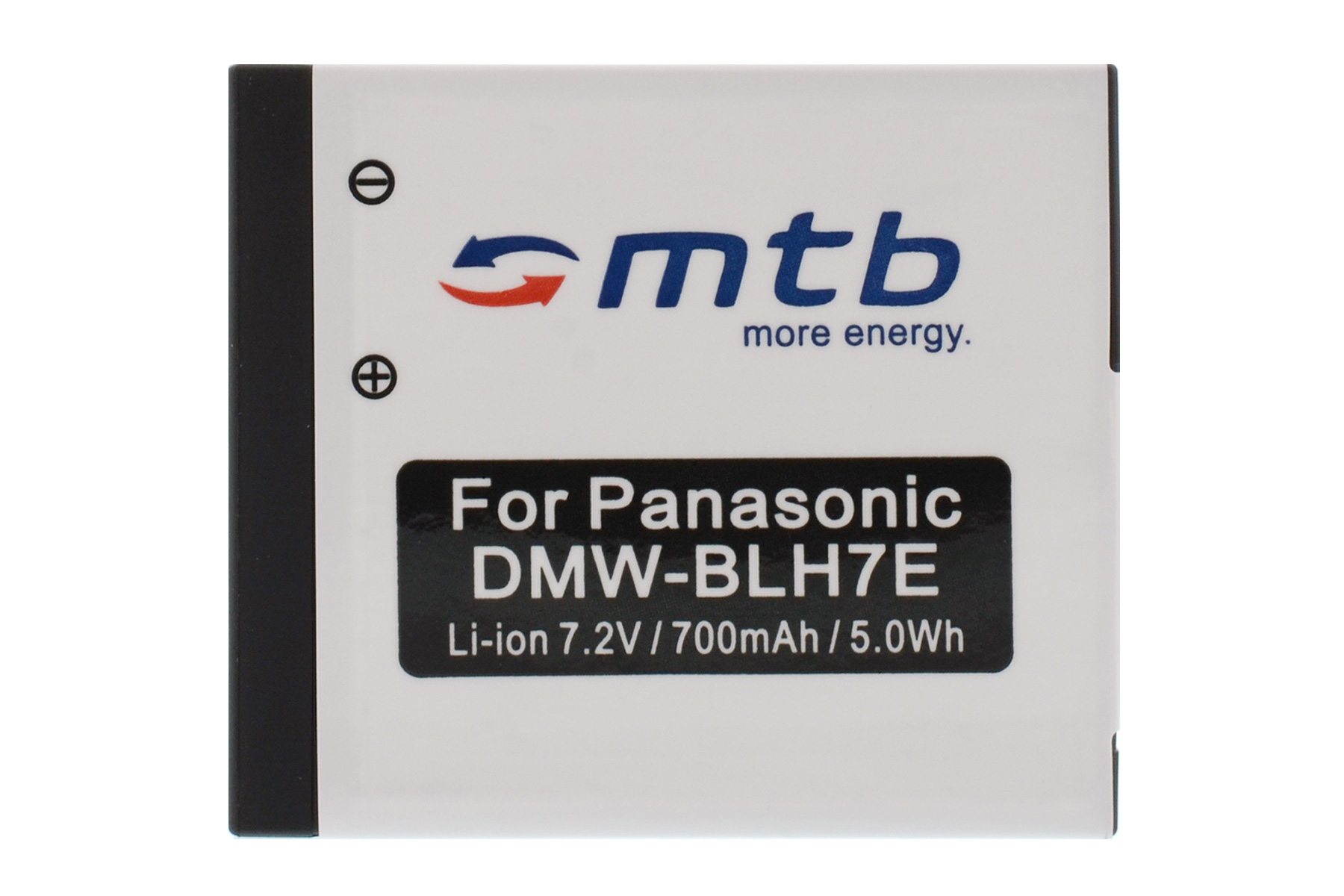 Weiße Batterie mit schwarzen Kanten, blauem Logo und Text: Für Panasonic DMW-BLH7E, Li-ion 7,2V/700mAh/5,0Wh.