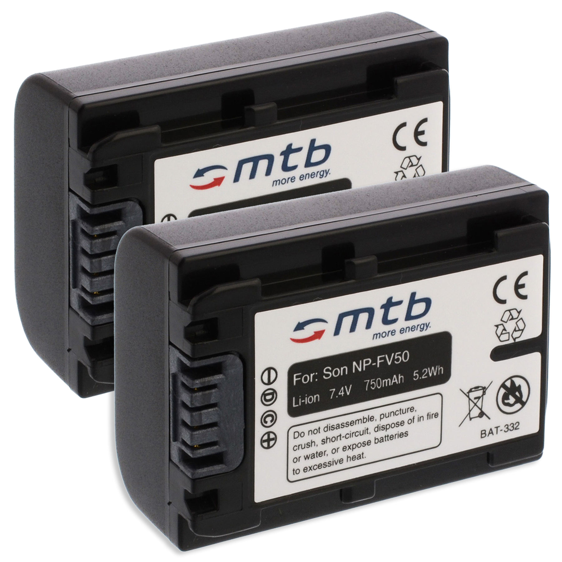 Zwei schwarze Batterien mit weißen Etiketten werden gezeigt, mit der Aufschrift 'For Son NP-FV50', '750mAh 5.2Wh'.