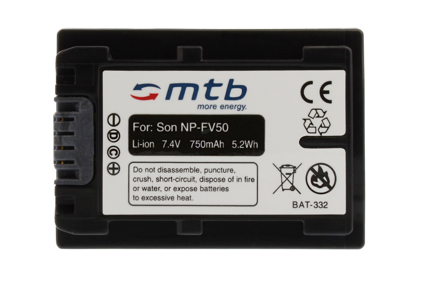 Schwarze Batterie mit weißem Etikett. Auf dem Etikett steht 'For Son NP-FV50', Sicherheitshinweise.