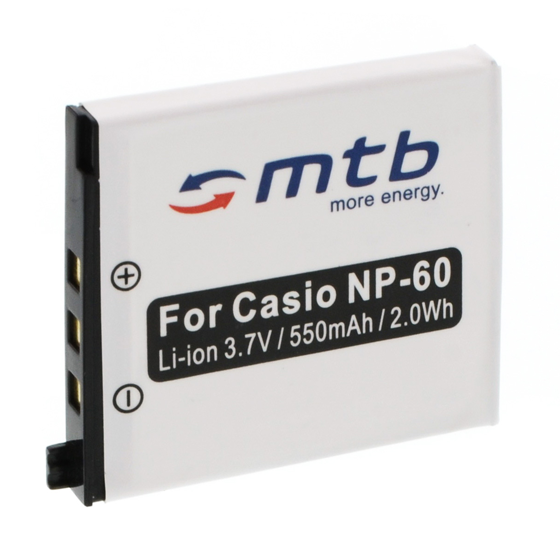 Eine weiße Batterie mit schwarzem Text und einem Plus- und Minuszeichen. Es hat ein Logo, das mehr Energie sagt.