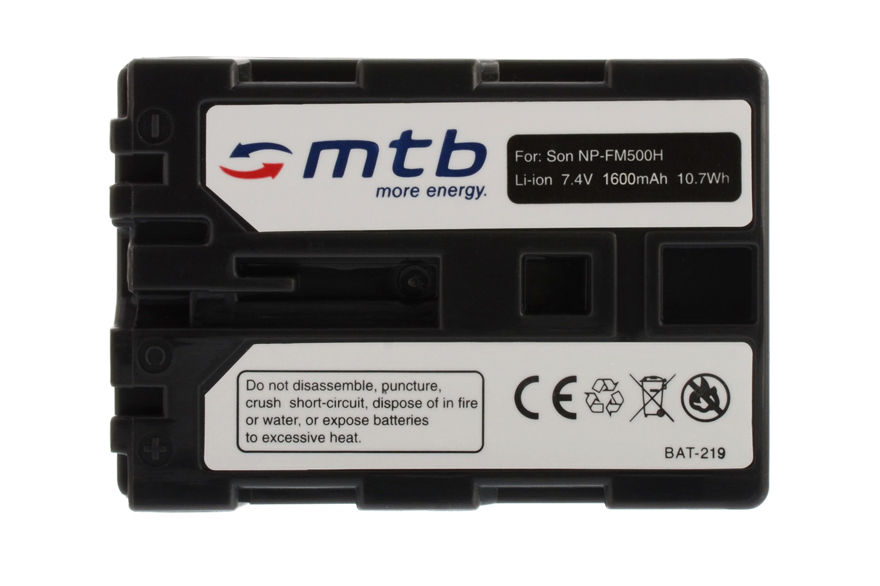 Schwarzer MTB-Kamera-Akku mit weißem Etikett. Text: Für Son NP-FM500H, Li-Ion 7,4 V 1600 mAh und Sicherheitssymbole.