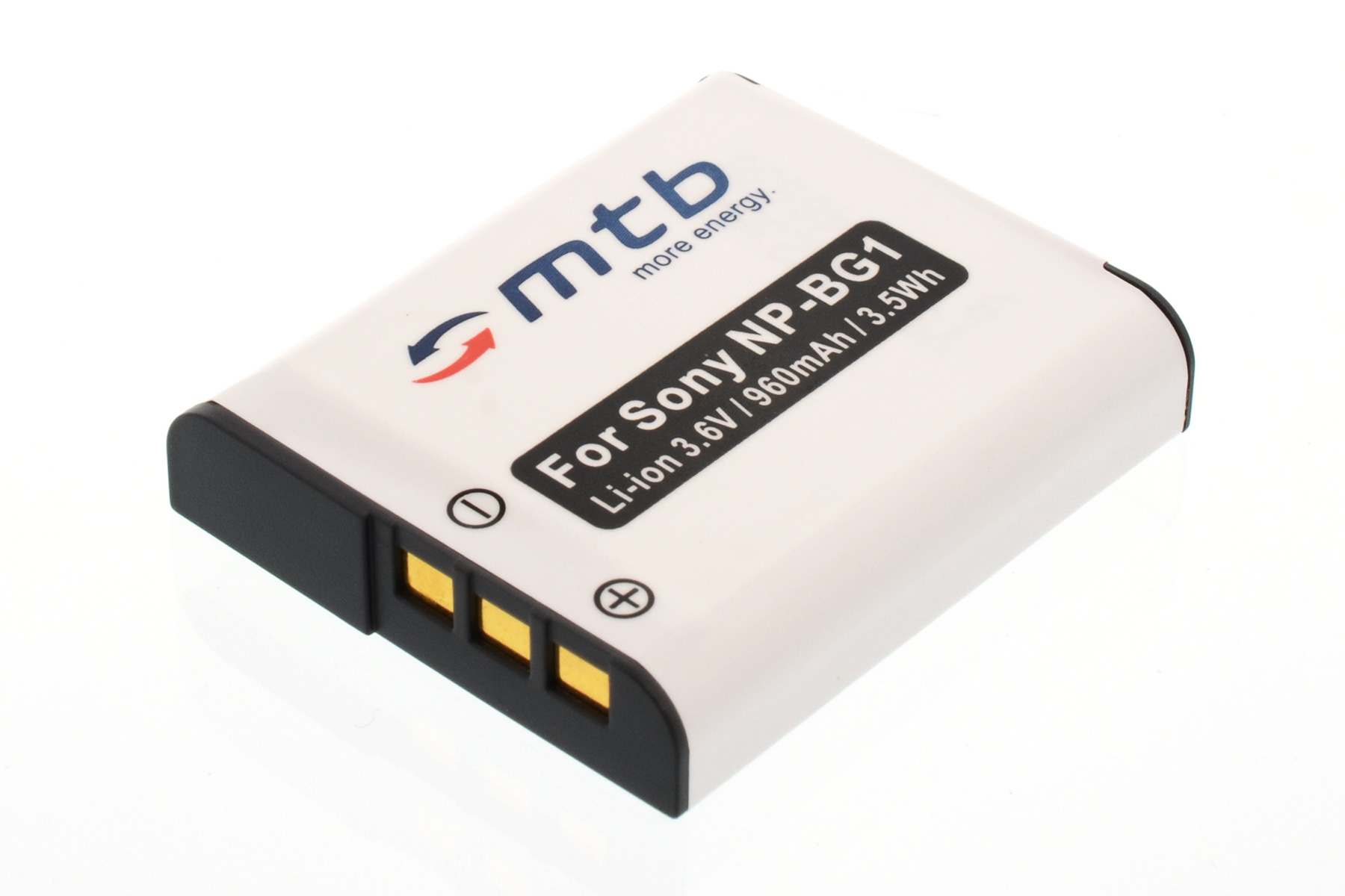 Weiße Kamera-Batterie mit schwarzen Akzenten, Text 'For Sony NP-BG1'. Die Marke 'mtb' ist sichtbar.